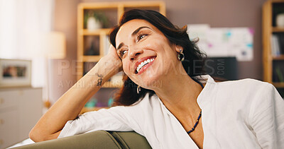 Buy stock photo Thinking, smile and woman on sofa to relax in home for resting, comfortable and memory on weekend. Happy, laughing and person on couch with inspiration, wondering and nostalgia in living room