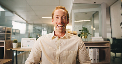 Buy stock photo Portrait, laugh and business man in office as insurance agent, risk advisor and claims specialist. Smile, funny professional and confident employee at work with policy broker or coverage consultant