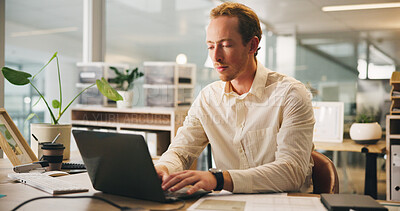 Buy stock photo Business, man and typing on laptop with documents for budget report, company audit and performance review. Accountant, employee and technology with paperwork for finance management and writing email