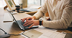 Business, hands and typing on laptop with documents for financial report, company audit and performance review. Accountant, man and technology with paperwork for finance management or budget proposal