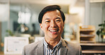 Portrait, business and Asian man laugh in office as insurance agent, risk advisor or claims specialist. Smile, professional and confident employee at work as policy broker or coverage consultant