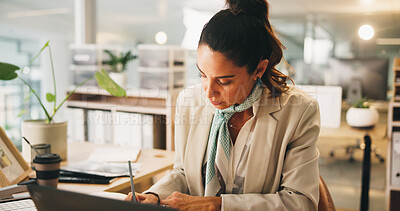 Buy stock photo Office, writing notes and business woman with budget, accounting and financial report for tax. Serious worker, employee and bookkeeping for audit, payroll information or revenue with income on laptop