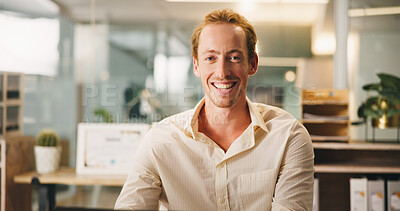 Buy stock photo Portrait, smile and businessman in office as insurance agent, risk advisor and claims specialist. Happy professional, confident worker and employee with policy broker or coverage consultant in UK