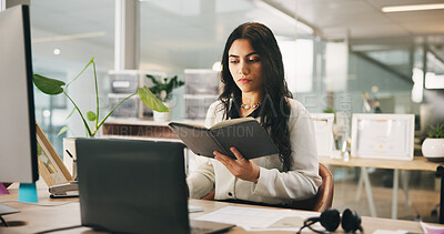 Buy stock photo Planning, notebook and research with business woman in office for news editor, interview date and fact check. Review, writer schedule and publication with person in media agency for proofreading