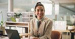 Portrait, laptop and business woman in corporate office as insurance agent, risk advisor and claims specialist. Smile, professional and confident employee with policy broker or coverage consultant