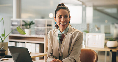 Buy stock photo Portrait, laptop and business woman in corporate office as insurance agent, risk advisor and claims specialist. Smile, professional and confident employee with policy broker or coverage consultant