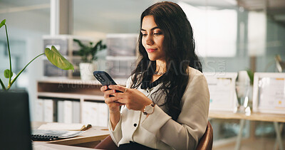 Buy stock photo Reading, phone and typing with business woman in office for news editor, source contact and fact check. Review, communication and journalist with person in media agency for interview appointment