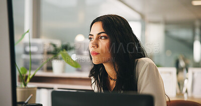 Buy stock photo Review, computer and reading with business woman in office for news editor, article reporter or fact check. Journalist, writer department and publication with person in media agency for research