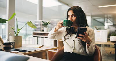 Buy stock photo Coffee, phone and thinking with business woman in office for break from editing or publishing. App, idea and social media with editor employee drinking caffeine beverage in publication workplace