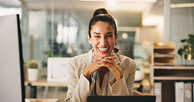 Buy stock photo Portrait, laptop and confident business woman in office as insurance agent, risk advisor and claims specialist. Smile, professional worker and corporate manager, policy broker or coverage consultant