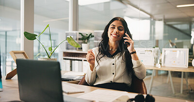 Buy stock photo Business, phone call and woman in office, smile and conversation with financial advisor. Laptop, employee and accountant in workplace, cellphone and feedback with schedule for investment review