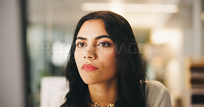 Buy stock photo Online, computer and research with business woman in office for news editor, article reporter and fact check. Review, writer department and journalist with person in media agency for proofreading