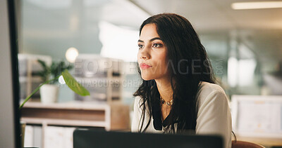 Buy stock photo Reading, computer and research with business woman in office for news editor, article reporter and fact check. Review, writer department and publication with person in media agency for planning