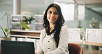 Portrait, laptop and business woman in office as insurance agent, risk advisor and claims specialist. Smile, professional and confident employee on computer with policy broker or coverage consultant