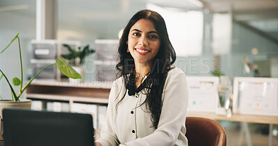 Buy stock photo Portrait, laptop and business woman in office as insurance agent, risk advisor and claims specialist. Smile, professional and confident employee on computer with policy broker or coverage consultant