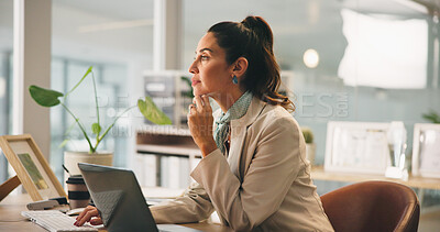 Buy stock photo Thinking, computer and research with business woman in office for news editor, article reporter and fact check. Review, reflection and publication with person in media agency for proofreading