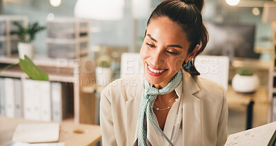 Buy stock photo Book, business woman and thinking in office as brand consultant for promotion ideas, insight or decision. Notes, thoughts and happy worker with vision for problem solving, campaign info or planning