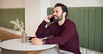 Man, phone call and smile with talk at coffee shop, listen and networking for online dating with arrangement. Person, customer and excited for planning, communication and conversation at cafe