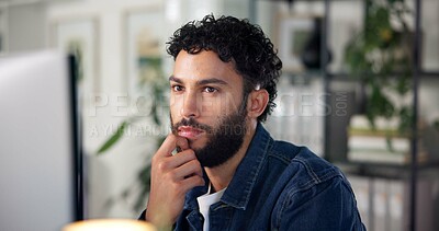 Buy stock photo Man, computer and thinking in office for business, website development or problem solving. Software developer, reading or tech in agency for project management, program idea or research on internet