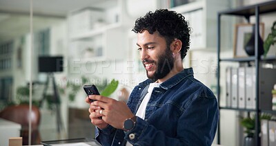 Buy stock photo Smile, phone and typing with business an in office for research, communication and networking app. Account manager, text message and email with person in agency for connection, feedback and contact