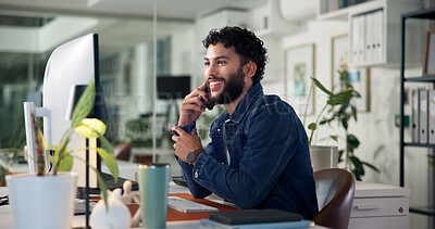 Buy stock photo Office, businessman and computer with smile for phone call, communication and listen to news source. Creative agency, person and journalist with mobile for article questions, fact checking or contact