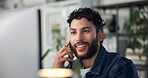 Computer, businessman and happy in office for phone call, communication and listen to news source. Creative agency, person and journalist with mobile for article questions, fact checking and contact