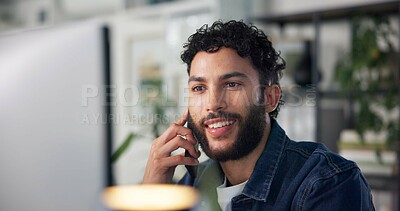 Buy stock photo Computer, businessman and happy in office for phone call, communication and listen to news source. Creative agency, person and journalist with mobile for article questions, fact checking and contact