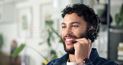 Buy stock photo Man, headset and smile with mic at call center for contact us, sales agent and customer service. Male person, happy and advisor for client help, advisory and technical questions for online procedure