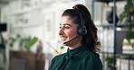 Callcenter, woman and smile with headset in office, CRM or communication for customer service or help desk. Advice, FAQ and telecom agent with happy phone call, telemarketing or lead generation