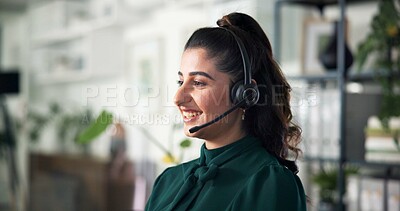 Buy stock photo Callcenter, woman and smile with headset in office, CRM or communication for customer service or help desk. Advice, FAQ and telecom agent with happy female person for phone call, support or contact 