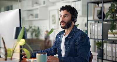 Buy stock photo Office, businessman and headset with computer for research, customer information and telemarketing. Call center, male person and agent with digital for sales feedback, report and help with questions