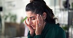 Office, businesswoman and hands with headache for stress, muscle tension and burnout for project. Workplace, female person and consultant with massage temple for pain, brain fog and mistake at work 