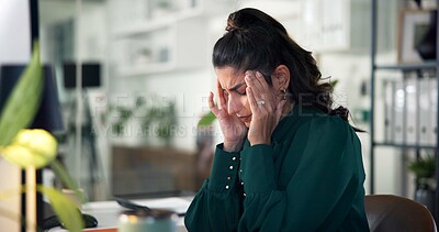 Buy stock photo Office, businesswoman and hands with headache for burnout, tension and stress for project. Workplace, female person and consultant with massage temple for pain, brain fog and mistake at work