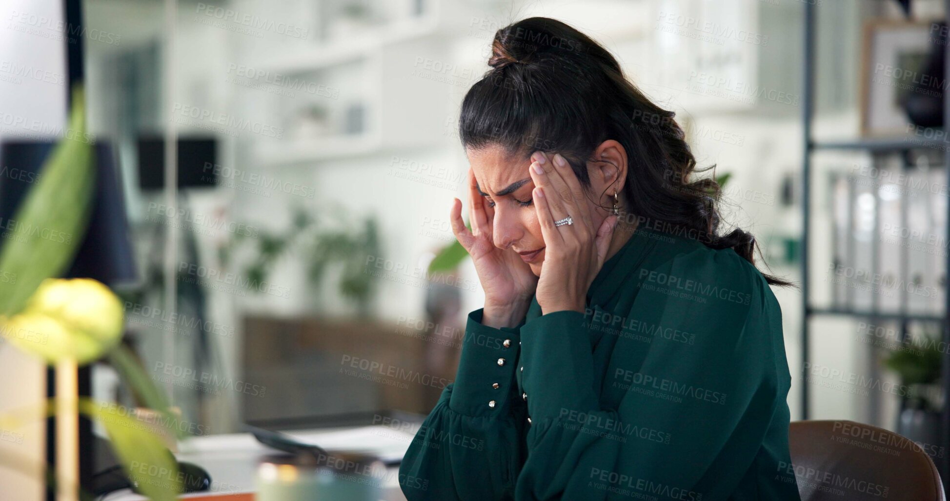Buy stock photo Office, businesswoman and hands with headache for burnout, tension and stress for project. Workplace, female person and consultant with massage temple for pain, brain fog and mistake at work