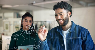 Buy stock photo Man, writing and planning by glass for team project strategy, profit margin or budget for marketing with tablet. People, collaboration and mindmap with info or online research for sales projection