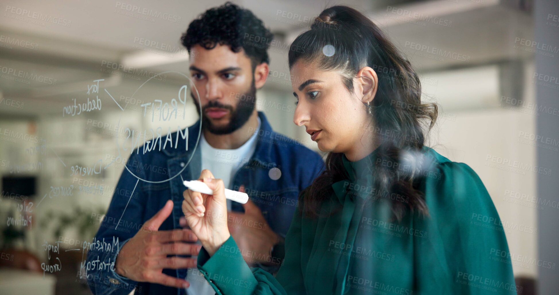 Buy stock photo Woman, writing and planning by glass for team project strategy, profit margin or budget for marketing. People, collaboration and mindmap with information, our vision and research for sales projection