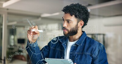 Buy stock photo Business, glass wall and man with tablet, writing and ideas for project, planning and connection. Person, employee and consultant in workplace, tech and problem solving with decision, choice or app