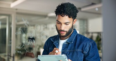 Buy stock photo Office, glass wall and business man with tablet for marketing manager, project research and ideas. Career, male person and digital specialist with problem solving for seo website, planning or reading