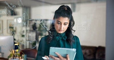 Buy stock photo Office, glass wall and business woman with tablet for marketing manager, project research and ideas. Career, female person and digital specialist with problem solving for seo web, planning or reading