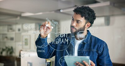 Buy stock photo Business, glass wall and man in office, tablet and writing with project, planning and profit growth. Person, employee and consultant in workplace, technology and problem solving with decision or app