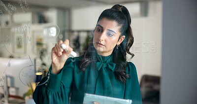 Buy stock photo Business, glass wall and woman in office, tablet and writing with project, planning and decision. Person, employee and consultant in workplace, tech and problem solving with choice and digital app