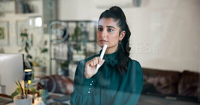Buy stock photo Woman, thinking and brainstorming by glass board for project strategy, ideas and mind map for agenda. Schedule, planning and storyboard with information, vision and research for inspiration.