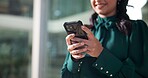 Office, businesswoman and hands with mobile for chat, online communication and scroll on break. Workplace, female person and consultant with smartphone for application, social media and text message