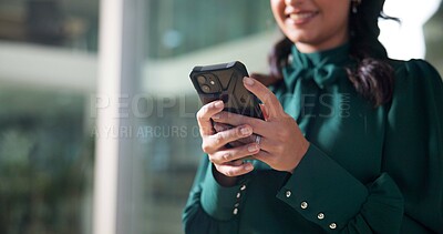 Buy stock photo Office, businesswoman and hands with mobile for chat, online communication and scroll on break. Workplace, female person and consultant with smartphone for application, social media and text message