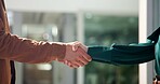 Business, people and handshake with partnership in office for investment deal, onboarding welcome or contract. Closeup, financial investor and shaking hands for agreement, collaboration and thank you