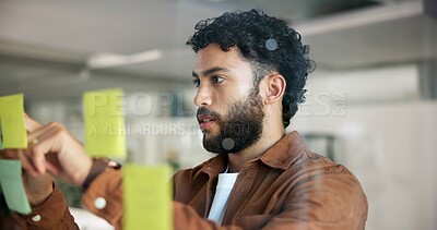 Buy stock photo Man, sticky note and planning by glass board for project strategy, ideas and solution for agenda. Schedule, brainstorming and storyboard with info, vision and research for inspiration in office