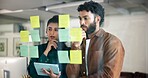 Team, thinking and planning with tablet by glass board for project strategy, ideas and sticky note for agenda. People, brainstorming and storyboard with online info, partner and research for solution