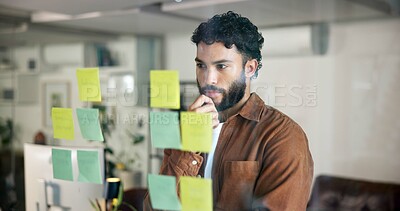 Buy stock photo Man, thinking and ideas by glass board for project strategy, planning and sticky note for agenda. Business schedule, brainstorming and storyboard with information, vision and research for inspiration