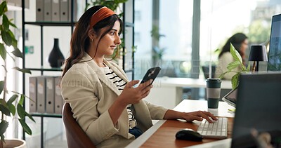 Buy stock photo Businesswoman, smartphone notification and computer in office for communication, news and job post. Recruiter, mobile technology and resume research in workplace for onboarding and online vacancy