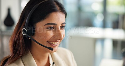Buy stock photo Consultant, woman and customer service in workplace with computer, communication and online consulting. Face, advice or call center for CRM contact support, discussion or sales agent with business